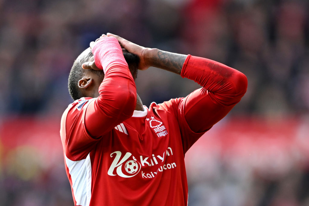 NOTTINGHAM, ENGLAND - APRIL 28: Callum Hudson-Odoi of Nottingham Forest reacts after a missed chance during the Premier League match between Nottingham Forest and Manchester City at City Ground on April 28, 2024 in Nottingham, England. (Photo by Michael Regan/Getty Images)