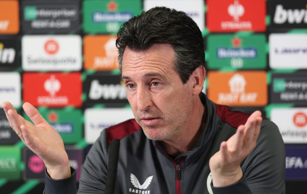 BIRMINGHAM, ENGLAND - MAY 01: Unai Emery manager of Aston Villa is interviewed during a press conference ahead of their UEFA Europa Conference League 2023/24 match against Olympiacos at Bodymoor Heath training ground on May 01, 2024 in Birmingham, England. (Photo by Nathan Stirk/Getty Images) (Photo by Nathan Stirk/Getty Images)
