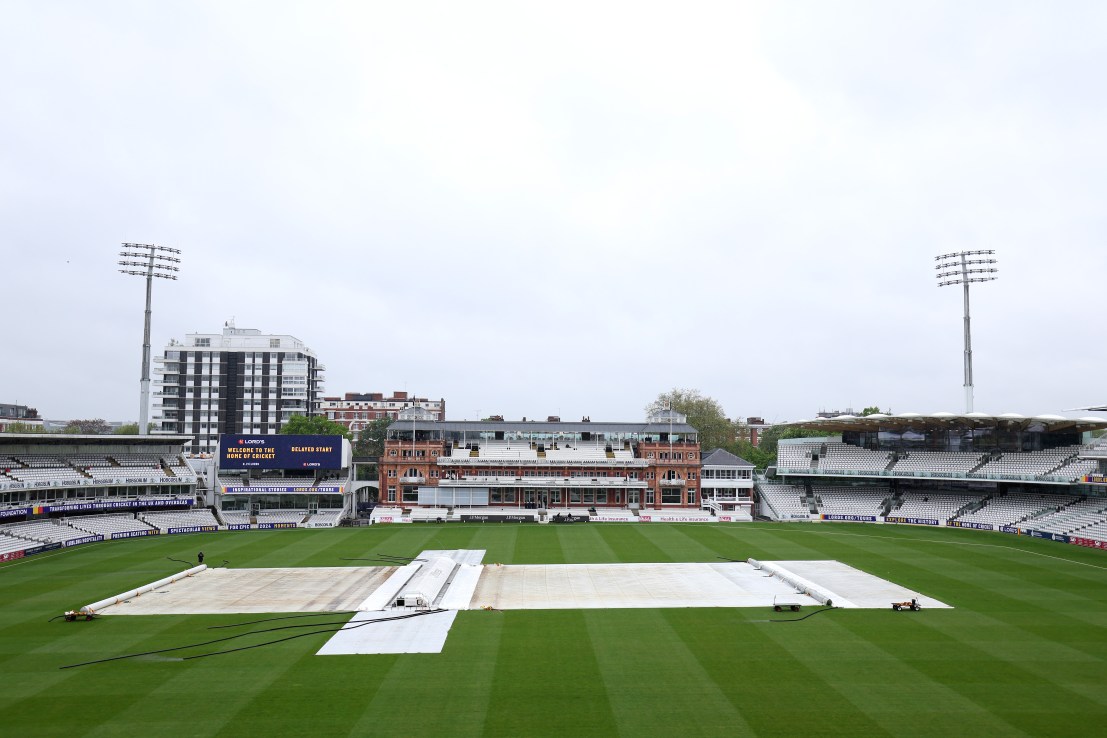 LONDON, ENGLAND - MAY 03:  The wicket remains covered as rain delays the start of the Vitality County Championship match between Middlesex and Leicestershire at Lord's Cricket Ground on May 03, 2024 in London, England.  (Photo by Warren Little/Getty Images)