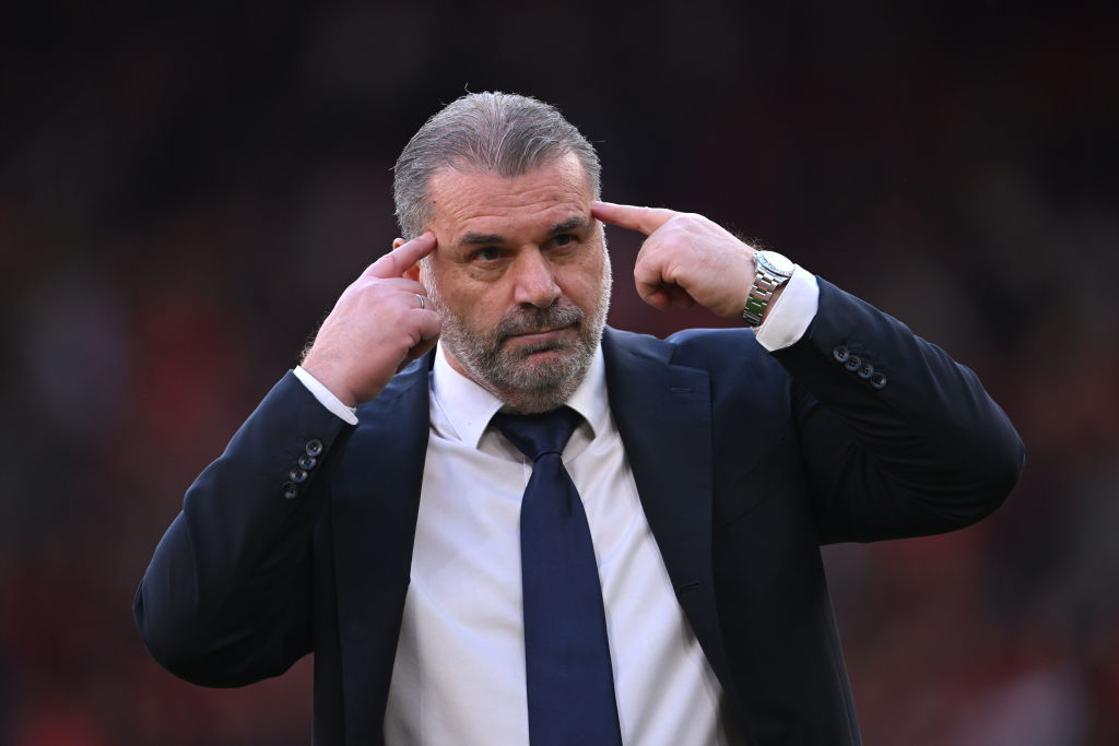 LIVERPOOL, ENGLAND - MAY 05: Ange Postecoglou, Manager of Tottenham Hotspur, gestures to the Spurs fans following the Premier League match between Liverpool FC and Tottenham Hotspur at Anfield on May 05, 2024 in Liverpool, England. (Photo by Stu Forster/Getty Images)