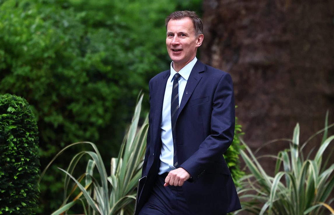 LONDON, ENGLAND - MAY 22: Britain's Chancellor of The Exchequer, Jeremy Hunt, walks in Downing Street on May 22, 2024 in London, England. (Photo by Peter Nicholls/Getty Images)