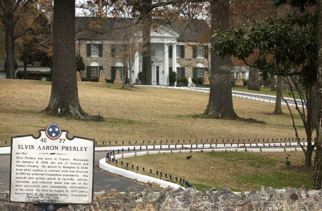 Elvis Presley's Graceland estate in Memphis, Tennessee, is set to go up for auction tomorrow. (Photo by Mike Brown/Getty Images)