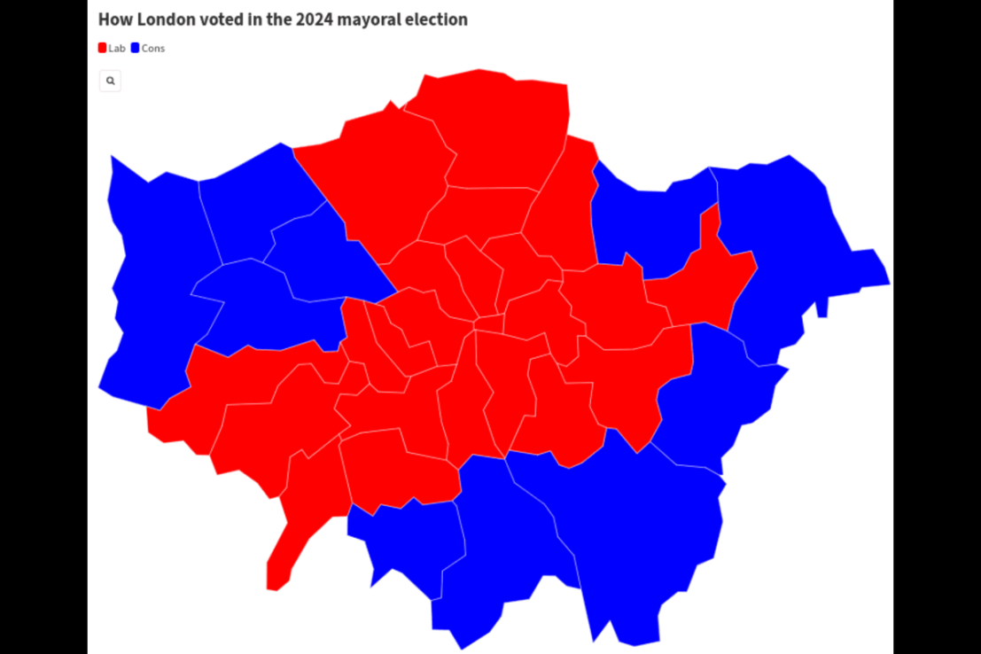 How London voted in the 2024 mayoral election. Via London Elects/Flourish
