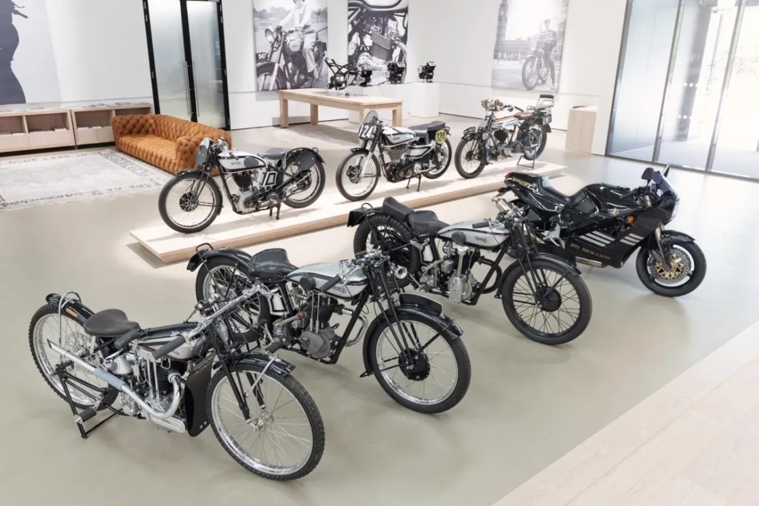 A collection of motorcycles at Norton's headquarters.