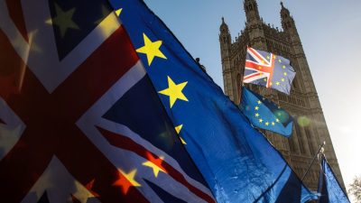 LONDON, ENGLAND - JANUARY 08: Anti-Brexit protesters demonstrate outside the Houses of Parliament in Westminster on January 08, 2019 in London, England. MPs in Parliament are to vote on Theresa May's Brexit deal next week after last month's vote was called off in the face of a major defeat. (Photo by Jack Taylor/Getty Images)