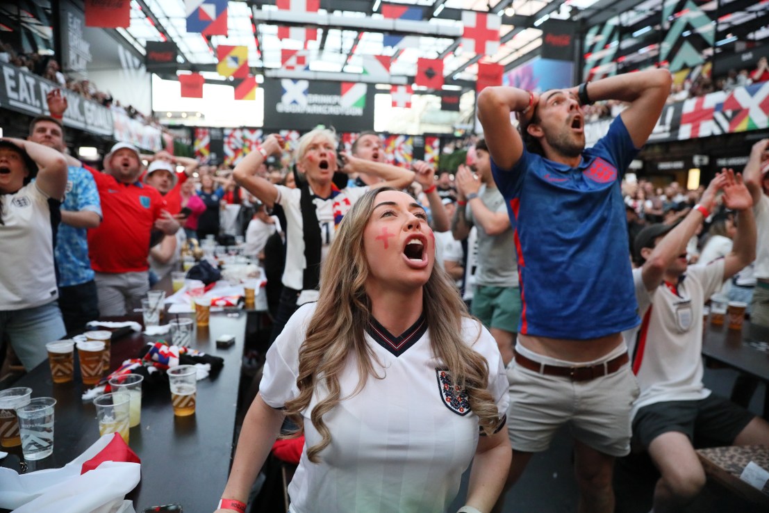 LONDON, ENGLAND - JULY 14: England fans react as they watch England face Spain in the men's UEFA Euro 2024 final at Boxpark Croydon on July 14, 2024 in London, England. The match was held at the Olympiastadion in Berlin. (Photo by Alishia Abodunde/Getty Images)