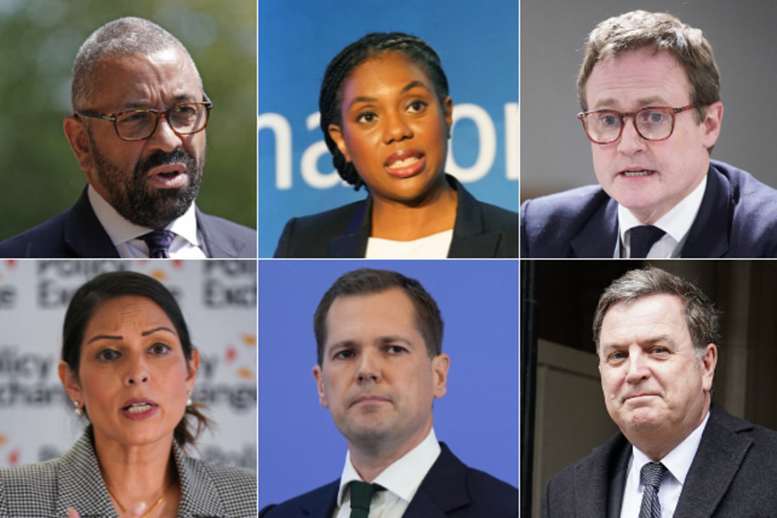 Clockwise from top left: James Cleverly, Kemi Badenoch, Tom Tugendhat, Mel Stride, Robert Jenrick, Priti Patel. Photos: PA