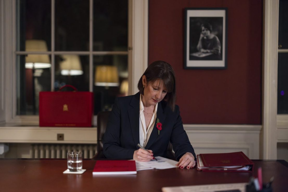 London, United Kingdom. Chancellor Rachel Reeves prepares for the Autumn Budget 2024 in her office in No 11 Downing Street. Seen behind is a portrait of Ellen Wilkinson, a former Minister for Education, taken on the 25/06/1924 by Bassano Ltd. Treasury. Picture by Kirsty O'Connor / Treasury