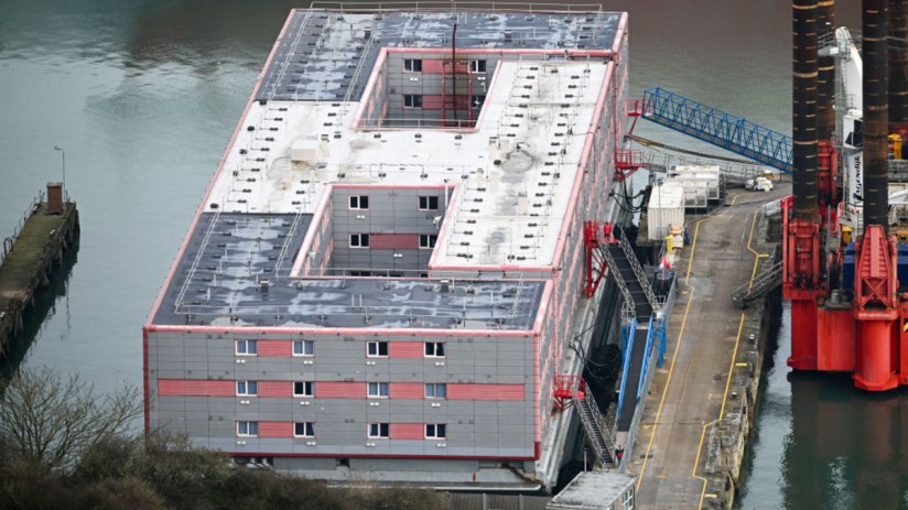 An elevated view of the Bibby Stockholm immigration barge in Portland Port, on February 27, 2024. (Photo by Finnbarr Webster/Getty Images)