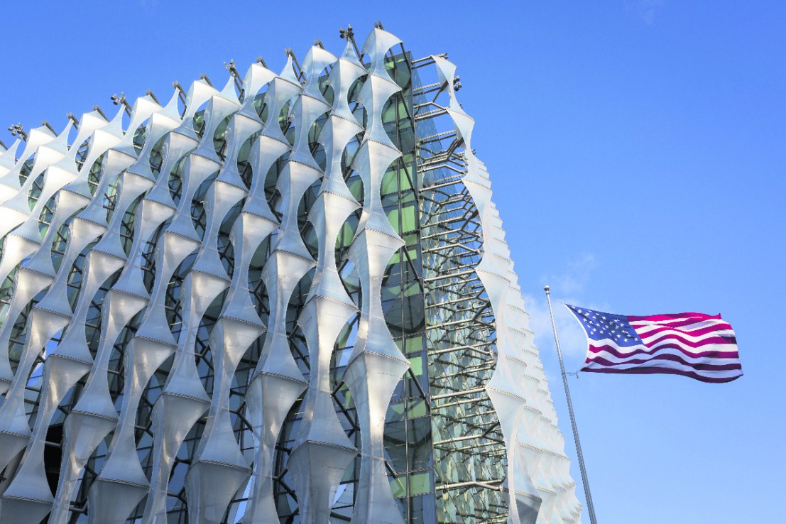 The Stars and Stripes flies over the US Embassy at Nine Elms in south London, (Photo by Richard Baker / In Pictures via Getty Images)