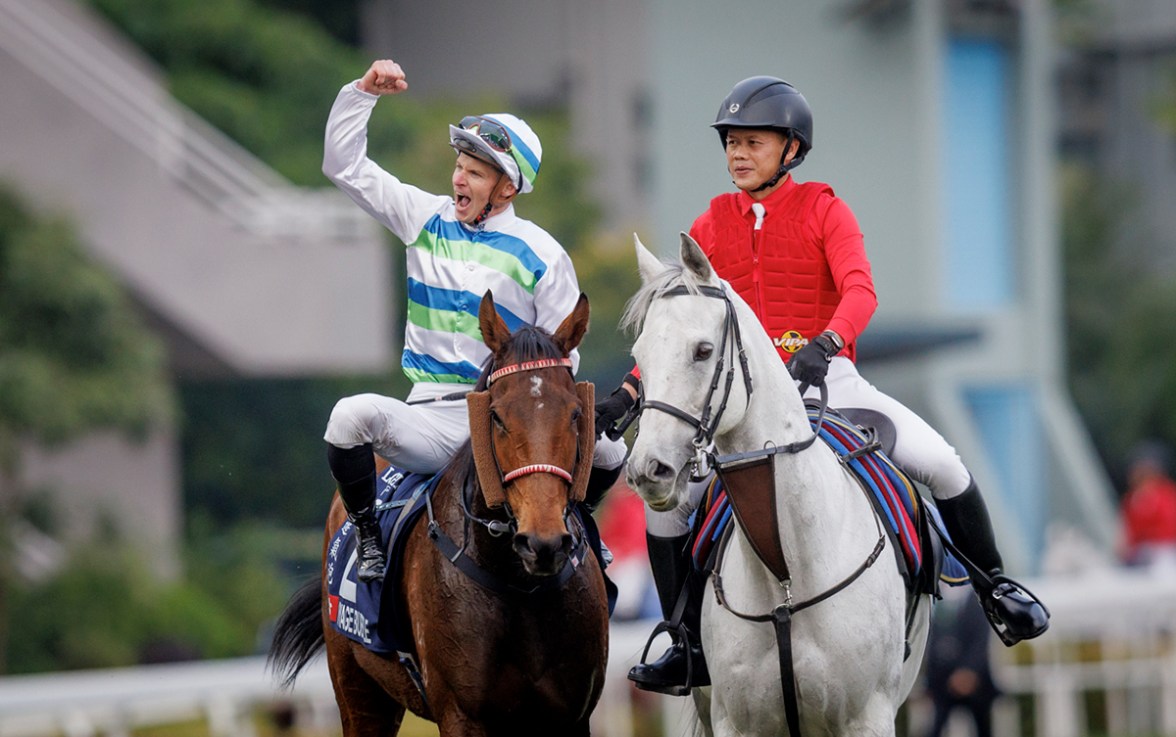 James McDonald (left) won Sunday’s G1 Hong Kong Mile aboard the Ricky Yiu-trained Voyage Bubble.