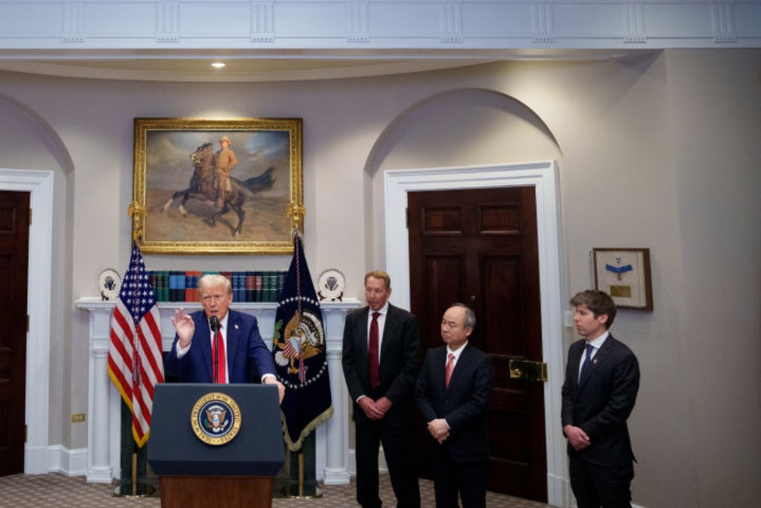  U.S. President Donald Trump, accompanied by (L-R) Oracle CTO Larry Ellison, SoftBank CEO Masayoshi Son, and OpenAI CEO Sam Altman, speaks during a news conference in the Roosevelt Room of the White House on January 21, 2025 in Washington, DC. Trump announced an investment in artificial intelligence (AI) infrastructure and took questions on a range of topics including his presidential pardons of Jan. 6 defendants, the war in Ukraine, cryptocurrencies and other topics. (Photo by Andrew Harnik/Getty Images)