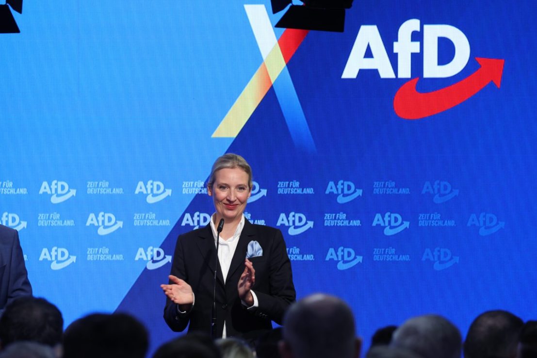 BERLIN, GERMANY - FEBRUARY 23: Alice Weidel, co-leader and chancellor candidate of the far-right Alternative for Germany (AfD), speaks to supporters at AfD headquarters after the announcement of initial results in snap federal parliamentary elections on February 23, 2025 in Berlin, Germany. Germany is holding elections today following the collapse of the three-party government coalition last November. (Photo by Sean Gallup/Getty Images)