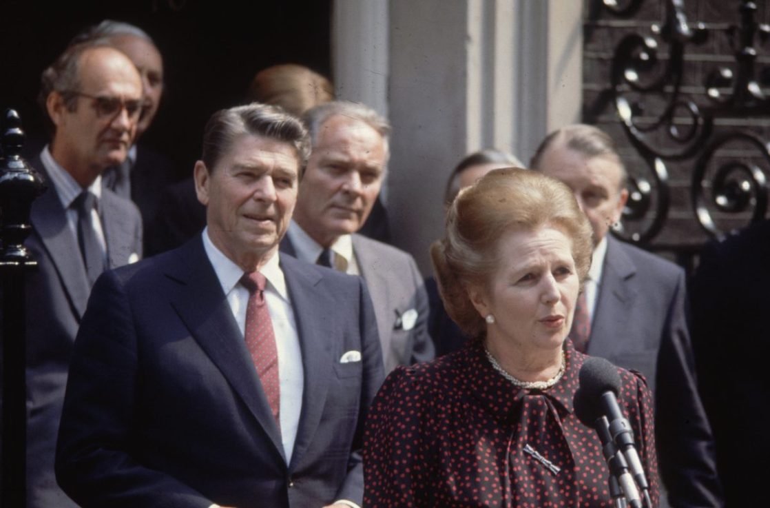 9th June 1982:  British prime minister Margaret Thatcher, American president Ronald Reagan (left) and US Secretary of State Alexander Haig (centre) outside Number 10, Downing Street during Reagan's state visit to London.  (Photo by Fox Photos/Getty Images)