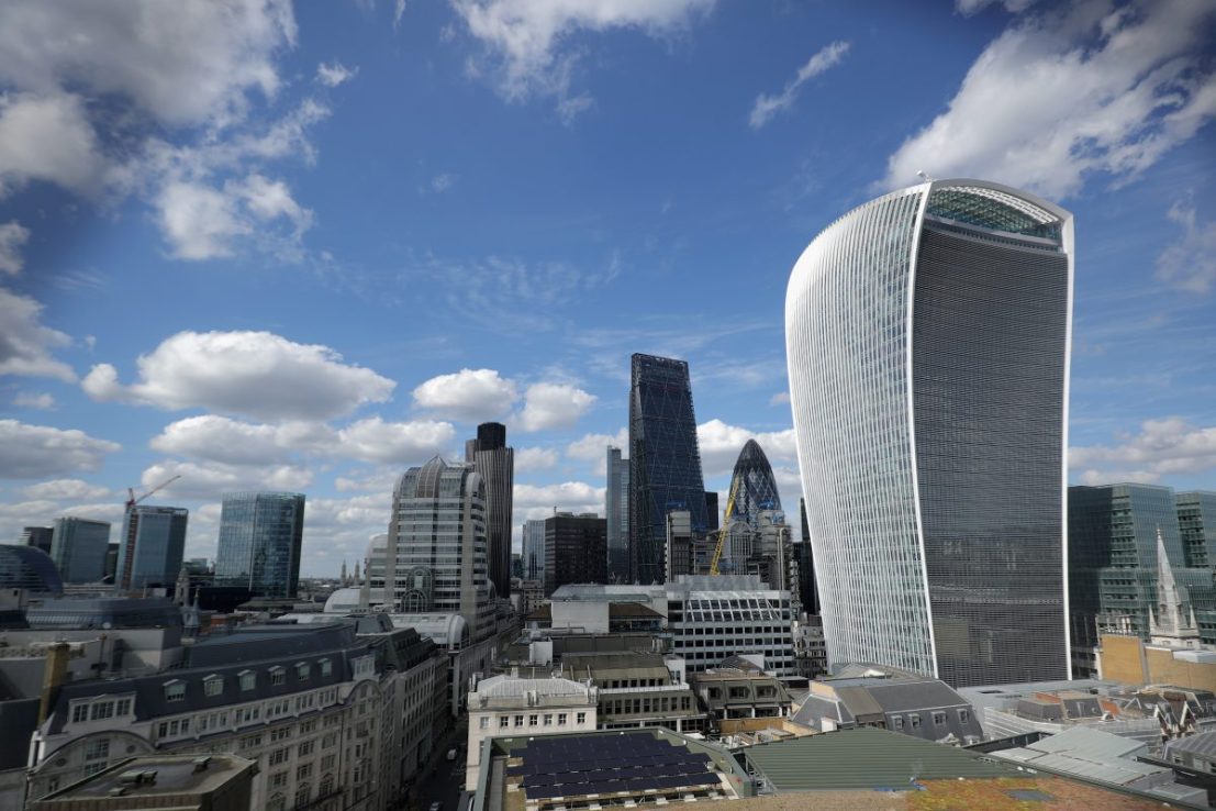 LONDON, ENGLAND - JUNE 27:  (Editors note, image taken through wire fencing) A general view of office buildings in The City of London including the Walkie Talkie (20 Fenchurch St (Photo by Christopher Furlong/Getty Images)