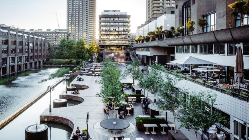 Barbican Centres Lakeside Terrace bustling with SXSW attendees, capturing the vibrant intersection of arts and technology.
