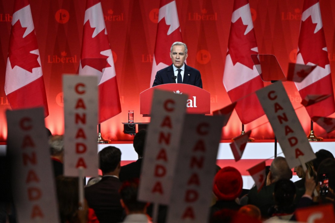 Mark Carney, the newly elected leader of the Liberal Party of Canada, addresses supporters in a victory speech after the official announcement of the 2025 Liberal Leadership race results at Rogers Centre, in Ottawa, Ontario, Canada, on March 9, 2025. (Photo by Artur Widak/NurPhoto via Getty Images)