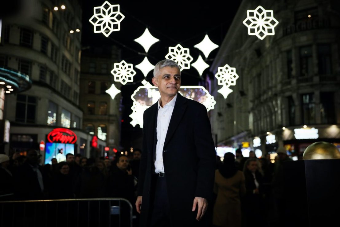 LONDON, ENGLAND - FEBRUARY 26: Mayor of London, Sadiq Khan, stands on stage at the Ramadan light switch on at Picadilly Circus on February 26, 2025 in London, England. The Mayor Of London Sir Sadiq Khan officially switched on the Ramadan lights installation at Piccadilly Circus to celebrate the start of Ramadan 2025. (Photo by Alishia Abodunde/Getty Images)