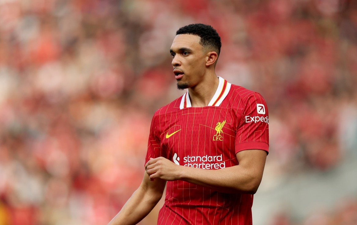 LIVERPOOL, ENGLAND - MARCH 08:  Trent Alexander-Arnold of Liverpool during the Premier League match between Liverpool FC and Southampton FC at Anfield on March 08, 2025 in Liverpool, England. (Photo by Carl Recine/Getty Images)