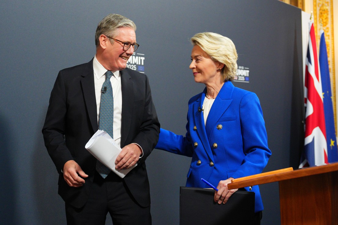Prime Minister Sir Keir Starmer and President of the European Commission Ursula von der Leyen at a press conference at the end of the UK-EU Summit at Lancaster House, in central London.  Picture date: Monday May 19, 2025. PA Photo. Carl Court/PA Wire