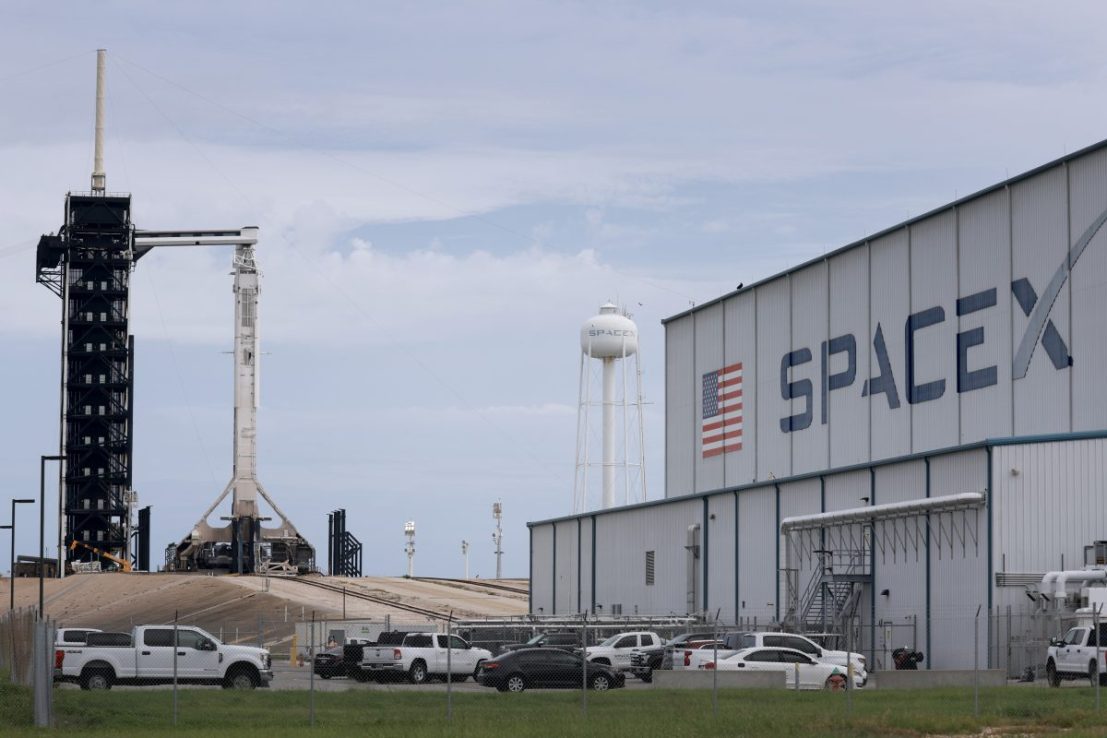 CAPE CANAVERAL, FLORIDA - SEPTEMBER 09:  SpaceX's Polaris Dawn Falcon 9 rocket sits on Launch Complex 39A of NASA's Kennedy Space Center as it is prepared for another attempt to liftoff on September 9, 2024 in Cape Canaveral, Florida. The Polaris Dawn mission is a private spaceflight backed by Jared Isaacman, the billionaire founder of payments platform company Shift4. During the mission, the astronauts will attempt the first spacewalk by a private company. The launch has been re-scheduled from Tuesday, August 27, to Tuesday, September 10th, at 3:38 am and has a four-hour window. (Photo by Joe Raedle/Getty Images)