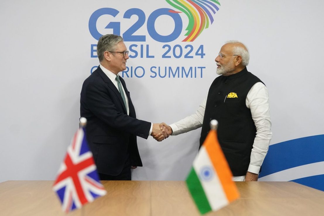 RIO DE JANEIRO, BRAZIL - NOVEMBER 18: UK Prime Minister Sir Keir Starmer (L) during a bilateral meeting with Prime Minister of India Narendra Modi as he attends the G20 summit at the Museum of Modern Art on November 18, 2024 in Rio de Janeiro, Brazil. Keir Starmer is attending his first G20 Summit since he was elected Prime Minister of the UK. He is expected to hold talks with President Xi Jinping of China, the first time a UK PM has done so for six years. (Photo by Stefan Rousseau - WPA Pool/Getty Images)