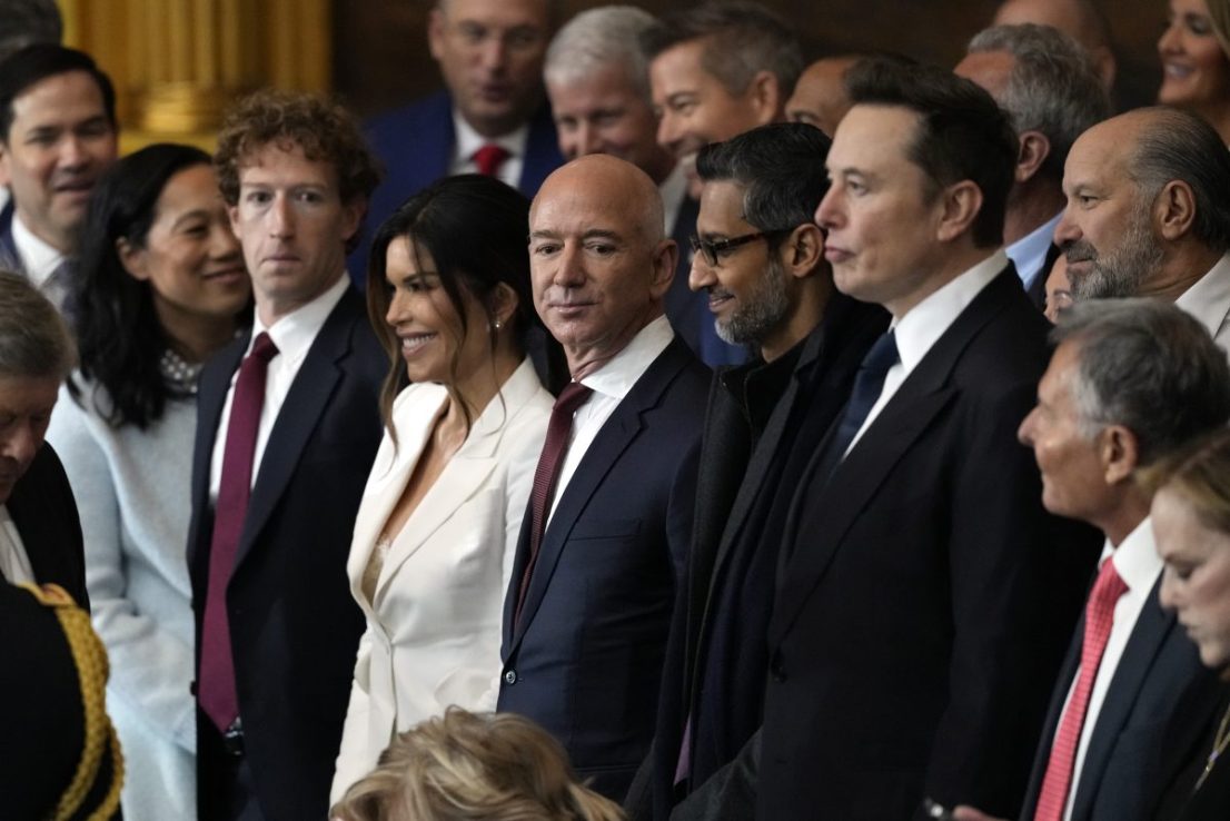 WASHINGTON, DC - JANUARY 20: Guests including Mark Zuckerberg, Lauren Sanchez, Jeff Bezos, Sundar Pichai and Elon Musk attend the Inauguration of Donald J. Trump in the U.S. Capitol Rotunda on January 20, 2025 in Washington, DC. Donald Trump takes office for his second term as the 47th president of the United States. (Photo by Julia Demaree Nikhinson - Pool/Getty Images)