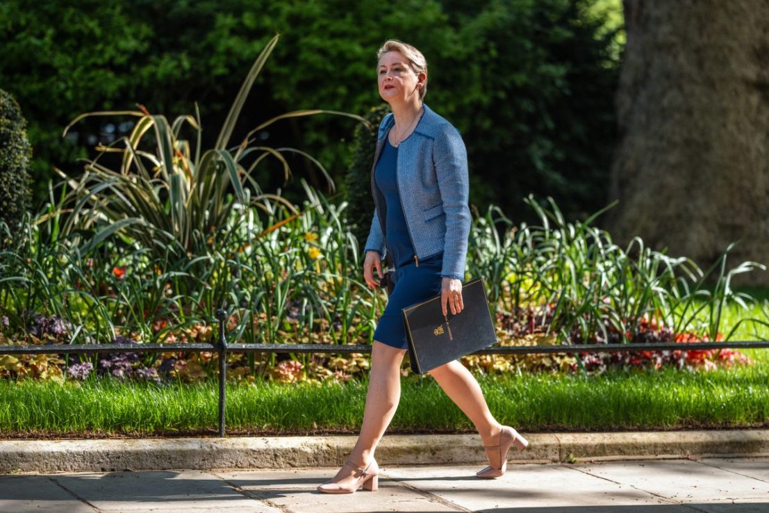LONDON, ENGLAND - APRIL 29: Britain's Home Secretary, Yvette Cooper, arrives to attend the weekly Cabinet meeting at 10 Downing Street on April 29, 2025 in London, England. (Photo by Carl Court/Getty Images)