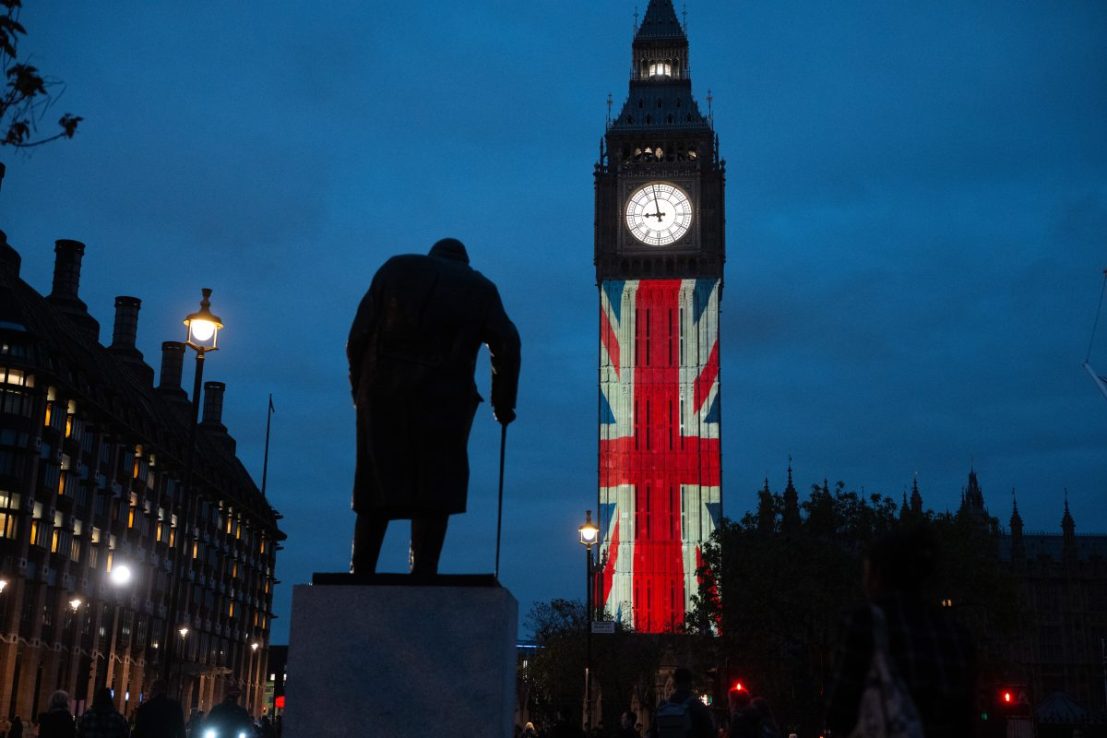 LONDON, ENGLAND - MAY 6:  Iconic Big Ben, nickname for the Great Clock of Westminster renamed Elizabeth Tower in 2012 to mark the Diamond Jubilee of Elizabeth II, is lit up to mark the 80th anniversary of Victory in Europe (VE) Day on May 6, 2025 in London, England. May 8 marks the anniversary of the surrender of Germany to the Allies in World War II. (Photo by Carl Court/Getty Images)