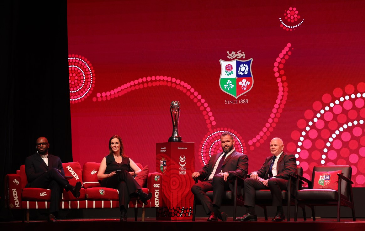 LONDON, ENGLAND - MAY 08: Ugo Monye and Lee McKenzie speak with Andy Farrell, Head Coach of British & Irish Lions and Ieuan Evans, Chair and Tour Manager of British & Irish Lions during British & Irish Lions squad and captain announcement at Indigo at The O2 Arena on May 08, 2025 in London, England. (Photo by David Rogers/Getty Images)