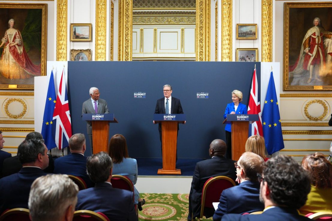European Council President Antonio Costa (L) and European Commission, Ursula von der Leyen (R) look on as UK Prime Minister Keir Starmer speaks during a press conference at the UK-EU summit at Lancaster House on May 19, 2025 in London, England. (Photo by Carl Court/Getty Images)