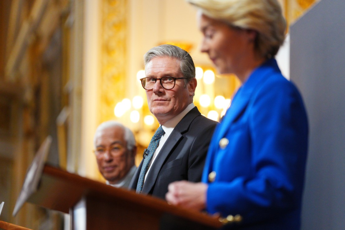 Keir Starmer announcing UK-EU deal on 19th of May next to EU leaders Ursula von der Leyen and Antonio Costa. 
(Photo by Carl Court/Getty Images)