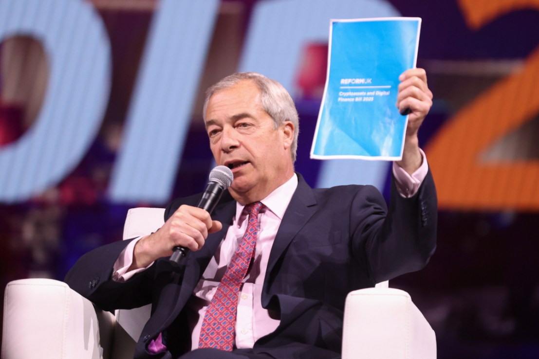 Reform UK leader Nigel Farage displays Reform's new Cryptoassets and Digital Finance Bill at Bitcoin Conference in Las Vegas, May 29, 2025.
 (Photo by Ian Maule/Getty Images)