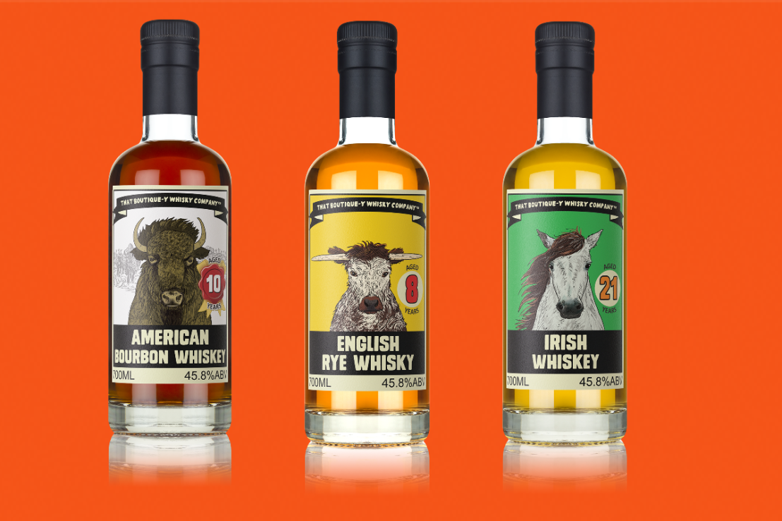 That Boutique-y Whisky Company's three new world whiskeys: an 8-Year-Old English Rye, a 10-Year-Old Kentucky Bourbon, and a 21-Year-Old Irish Whiskey.
