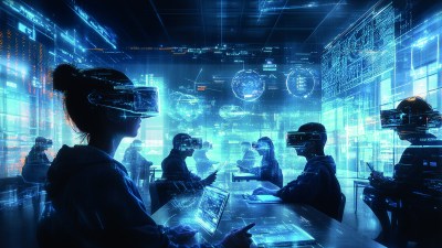 A high-tech classroom of the future, with students using augmented reality glasses. School of the future. Created by ai