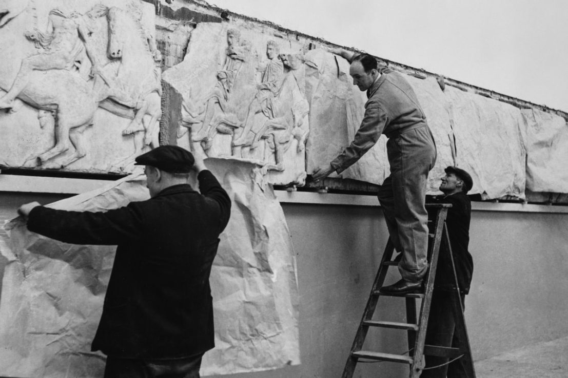 Workmen install the Elgin Marbles at the British Museum, London, May 25th 1949. (Photo by George Konig/Keystone Features/Hulton Archive/Getty Images)