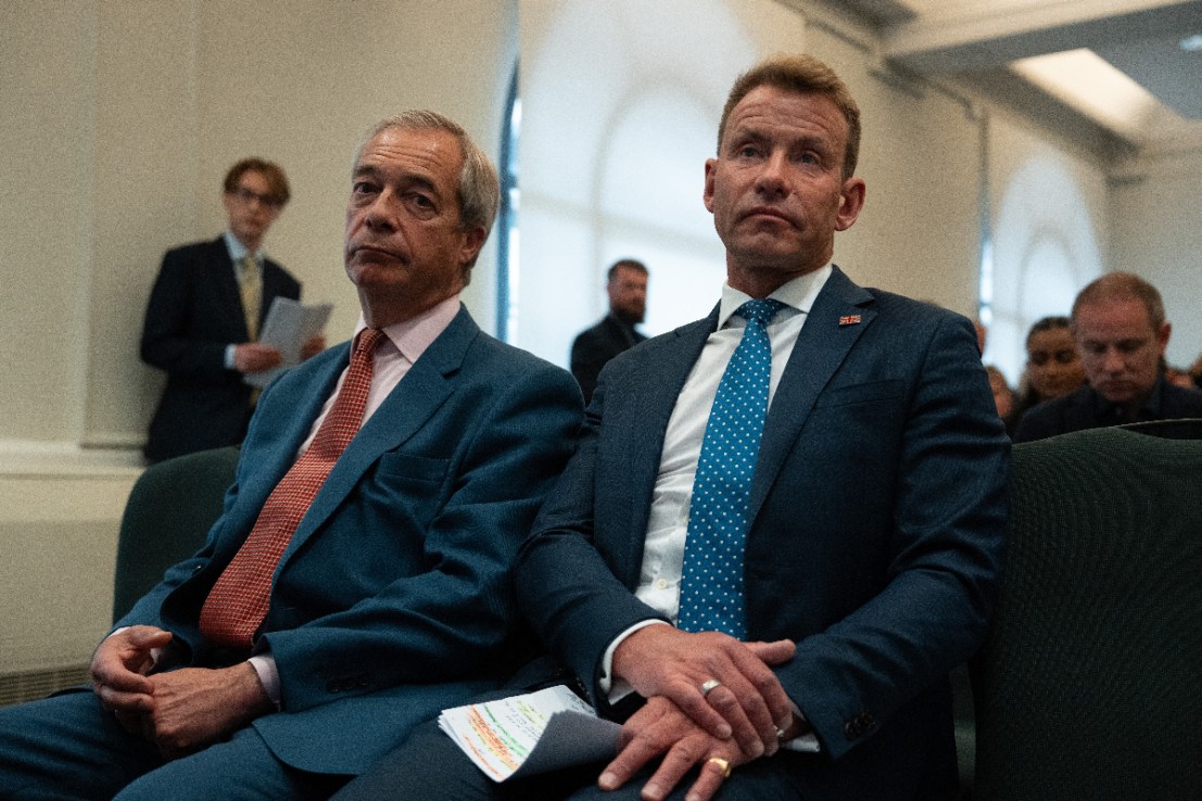 Reform UK leader, Nigel Farage sits next to David Bull following Mr Bull's announcement as Reform chairman at a Party press conference on June 10, 2025 in London, England. (Photo by Carl Court/Getty Images)
