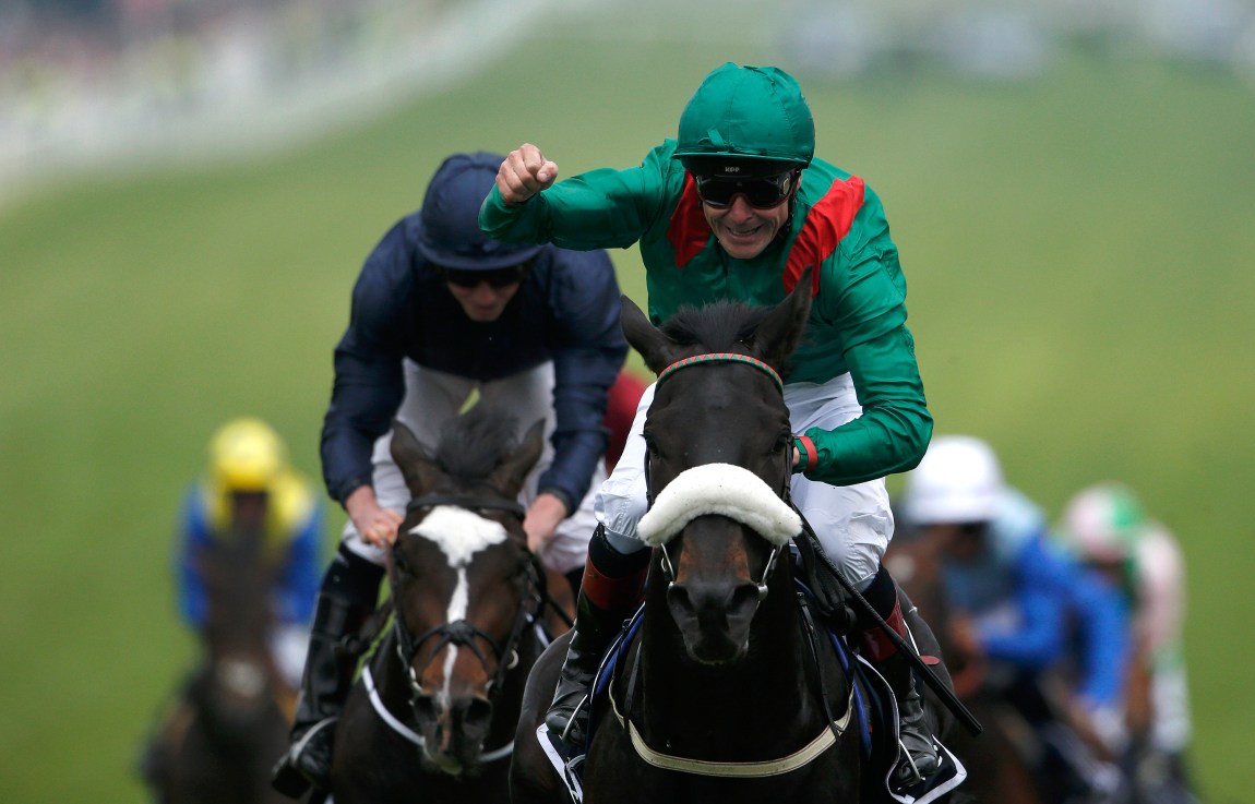 Pat Smullen celebrates winning the 2016 Derby aboard Harzand, the last to do so in the Aga Khan silks