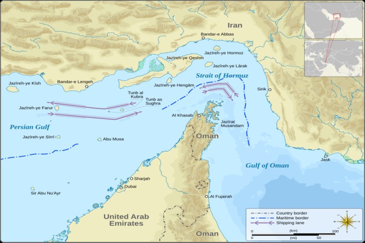 Map illustrating the strategic Strait of Hormuz, highlighting its critical role in global energy and geopolitical tensions.