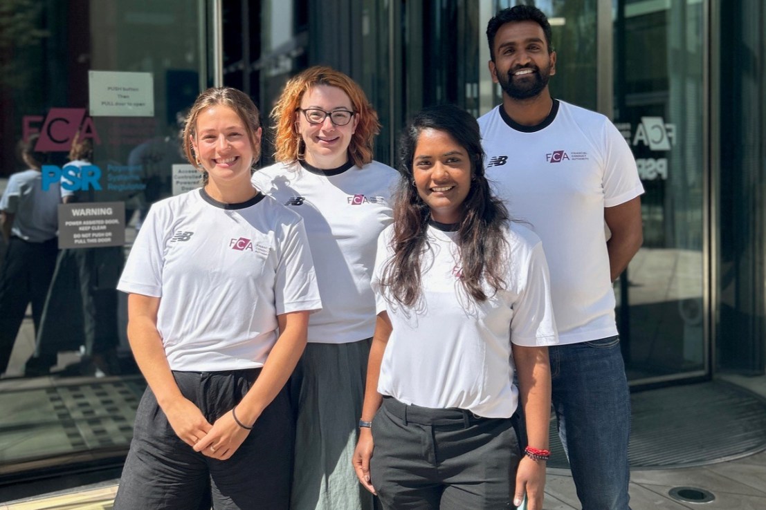 An FCA trio of (left to right) Kate Buckley, Hannah Walker and Arunita Roy - pictured with Rajesh Sidhu - have entered the City AM Triathlon Team Challenge