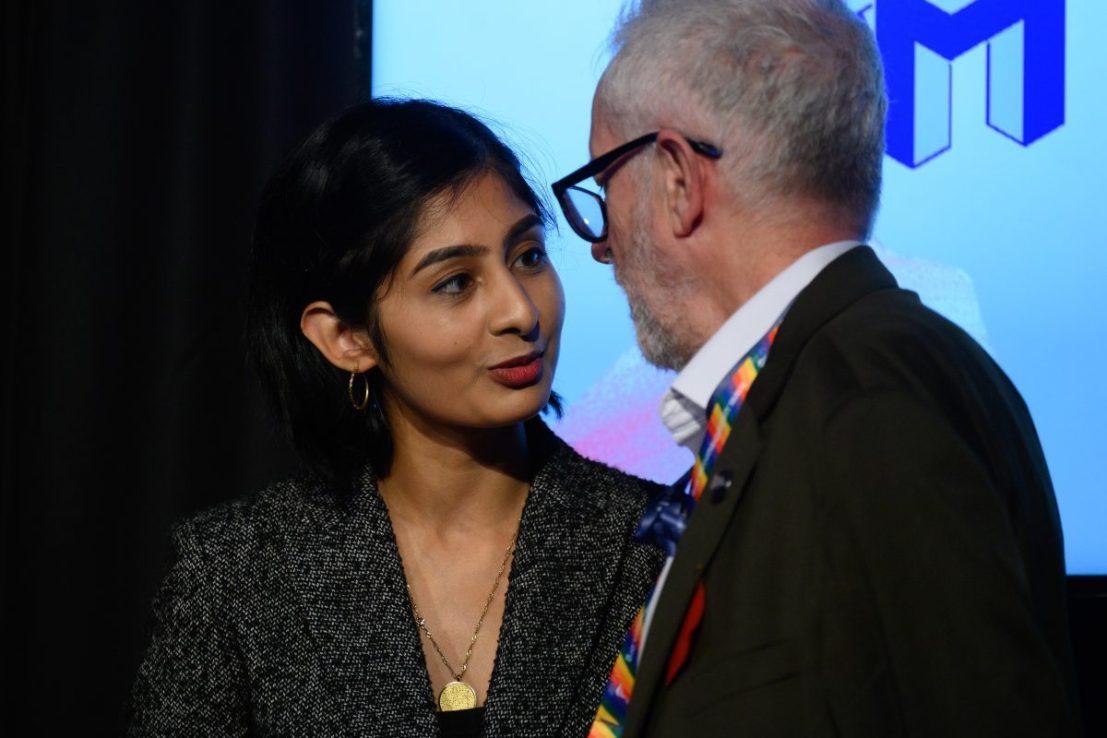 BRIGHTON, ENGLAND - SEPTEMBER 28: Labour MP for Coventry South Zarah Sultana (L) speaks with former Labour Party leader Jeremy Corbyn after addressing an audience at a fringe event for political festival The World Transformed, on the fourth day of the Labour Party conference on September 28, 2021 in Brighton, England. Labour return to Brighton for their in-person 2021 conference from Saturday 25 to Wednesday 29 September. This will be Keir Starmer's first conference as party Leader. (Photo by Leon Neal/Getty Images)