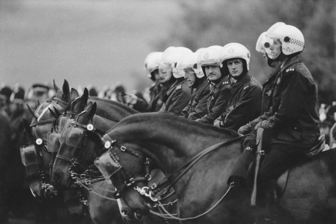 Mounted riot police at the miners' demonstration at Orgreave colliery, Yorkshire, where miners picketed the mine, 2nd June 1984. Soon afterwards, the 'Battle of Orgreave' took place. (Photo by Steve Eason/Getty Images)