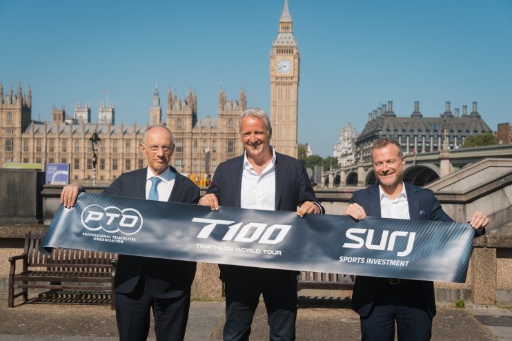T100 backer Sir Michael Moritz, PTO chair Chris Kermode and Surj CEO Danny Townsend mark the Series C funding round