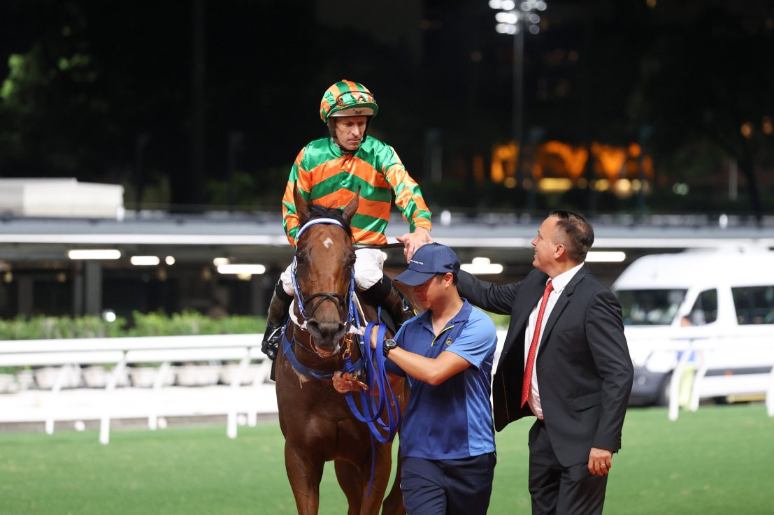 Caspar Fownes (right) and Hugh Bowman combined to win with Rocket Spade earlier this season.