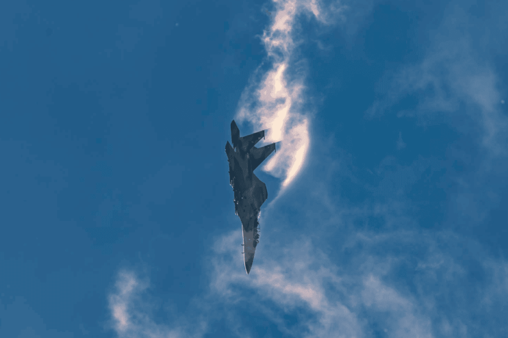 A Boeing F-15 performs at the Farnborough International Airshow.
