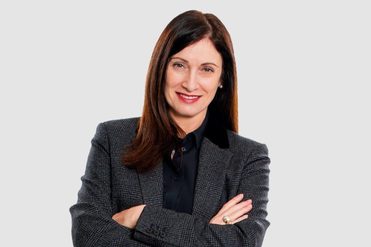 Cindy Rose discussing WPPs &pound;500m savings plan during a press conference amid profit decline