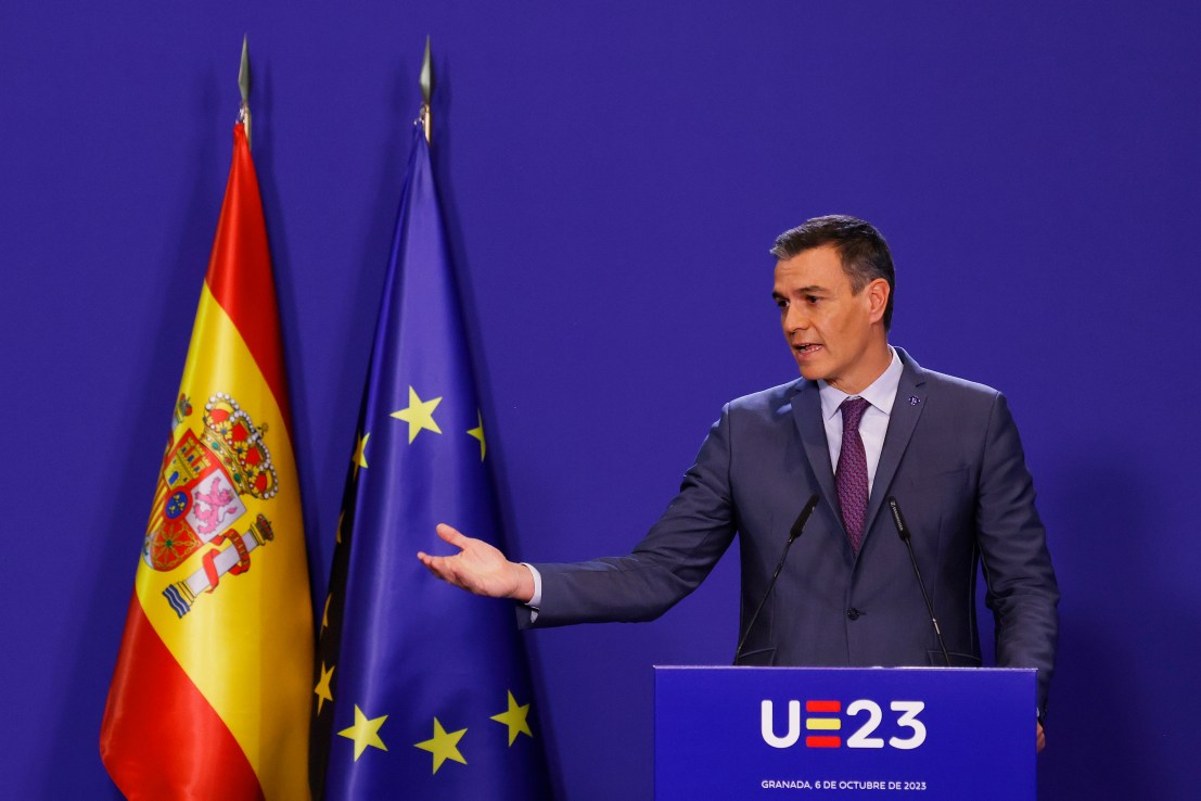GRANADA, SPAIN - OCTOBER 6: Pedro Sanchez, Prime Minister of Spain speaks at a news conference during EU-27 Member State Heads informal meeting at the Palacio de Congreso on October 6, 2023 in Granada, Spain. The heads of state and government meet in Granada during the Spanish presidency of the EU council to discuss the strategic planning for 2024-2029, with topics of migration and the ongoing conflict after Russia's invasion of Ukraine. (Photo by Marcelo del Pozo/Getty Images)