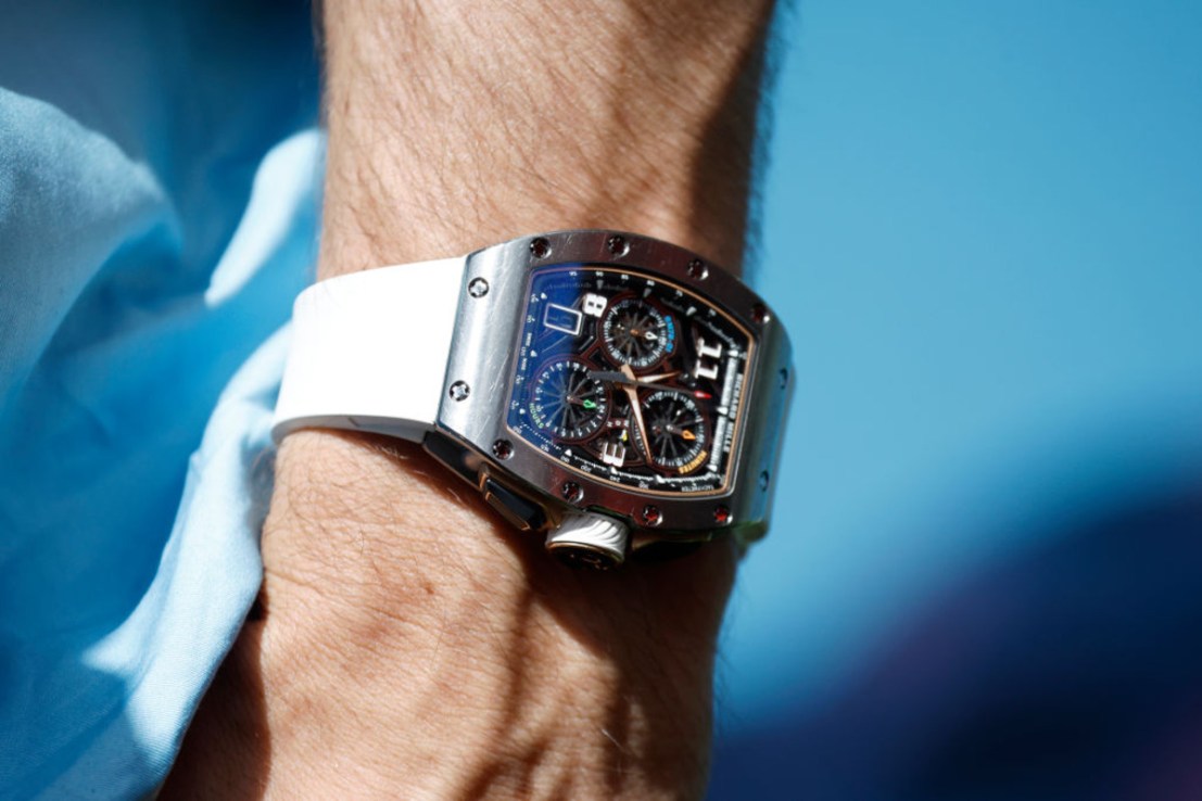 A detail shot of the Richard MIlle watch of Charles Leclerc of Monaco and Ferrari during previews ahead of the F1 Grand Prix of Miami at Miami International Autodrome in May 2024. (Photo by Chris Graythen/Getty Images)