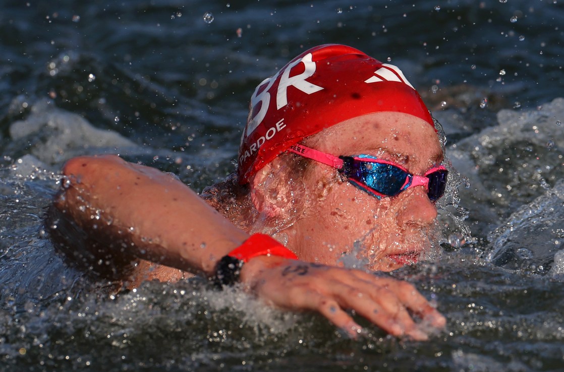PARIS, FRANCE - AUGUST 09: Toby Robinson of Team Great Britain competes in the Marathon Swimming Men's 10k on day fourteen of the Olympic Games Paris 2024 at Pont Alexandre III on August 09, 2024 in Paris, France. (Photo by Luke Hales/Getty Images)