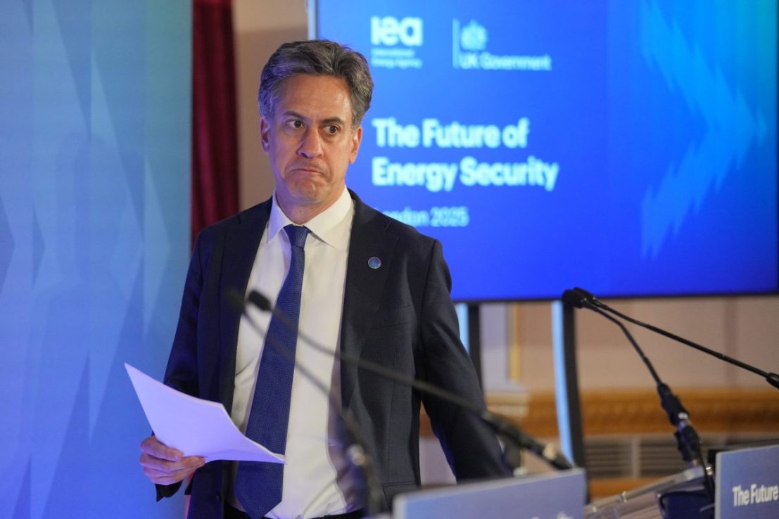 LONDON, ENGLAND - APRIL 25: Britain's Secretary for Energy Security Ed Miliband arrives for a press conference on day two of the International Summit on the Future of Energy Security at Lancaster House on April 25, 2025 in London, England. This Summit examines the geopolitical, technological and economic factors affecting energy security at a national and international level. (Photo by Kin Cheung - WPA Pool/Getty Images)